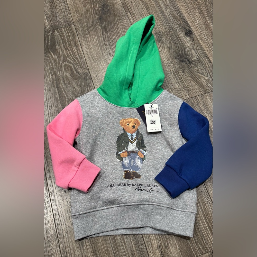 NWT Ralph Lauren Kids Hoodie with Polo Bear - Gray, Pink, Blue, Green